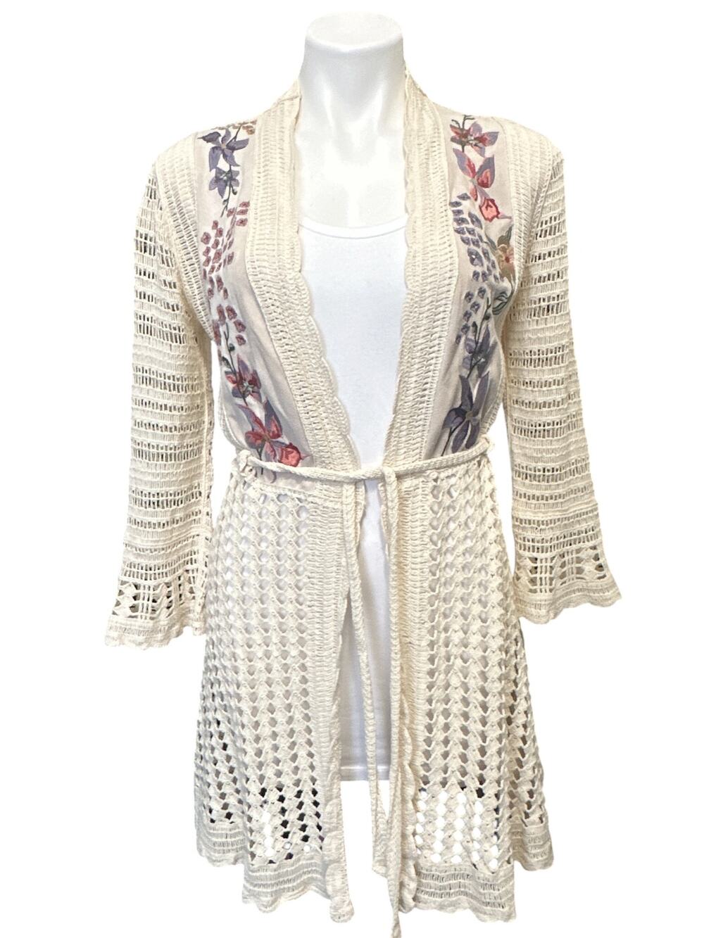 V Cristina Crochet Duster Cardigan Cream Floral Embroidered Belted Women M